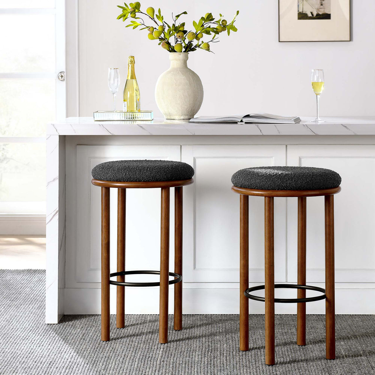 Fable Boucle Fabric Bar Stools Set of 2, Walnut & Charcoal