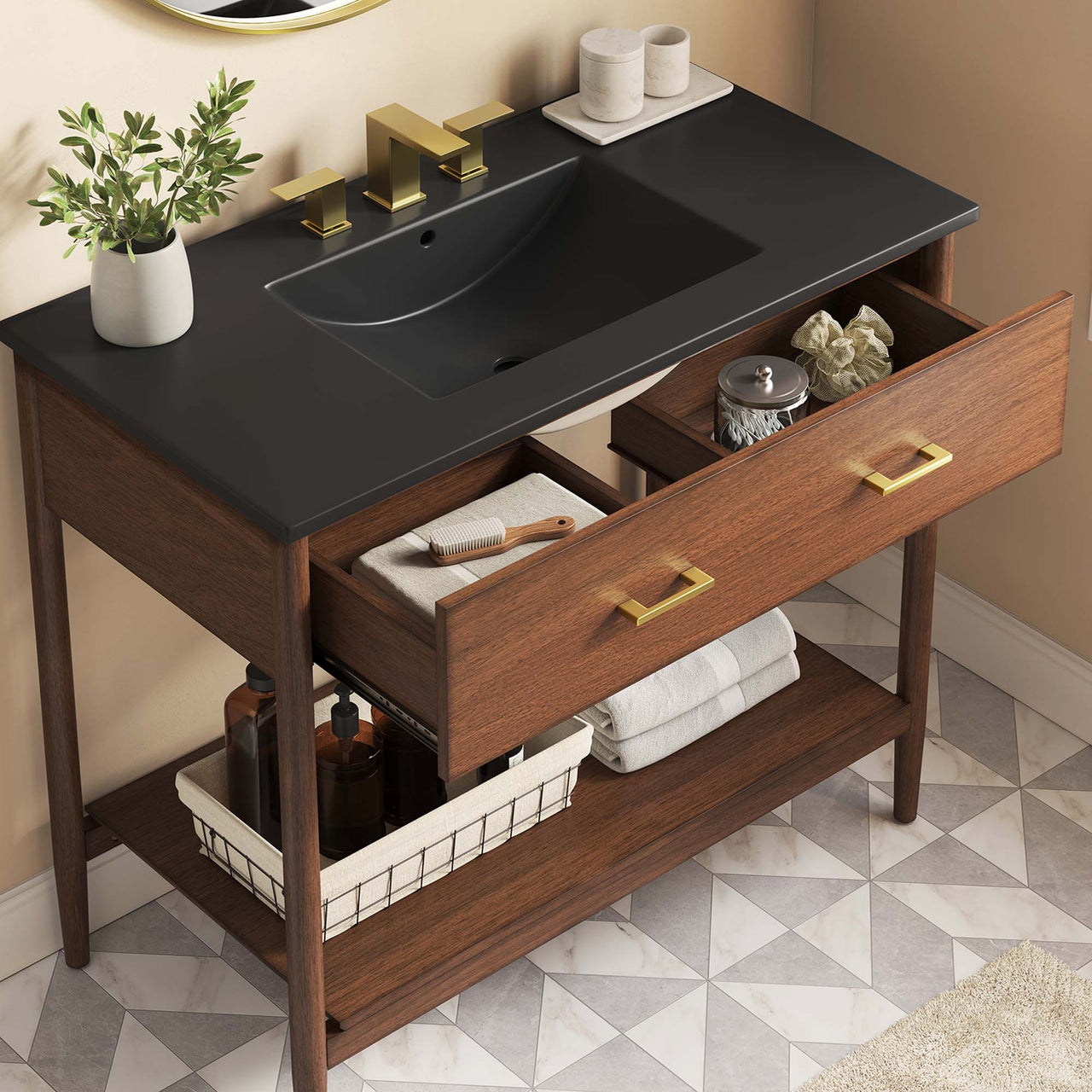 Zephyrine Vanity Unit, Large, Walnut & Black