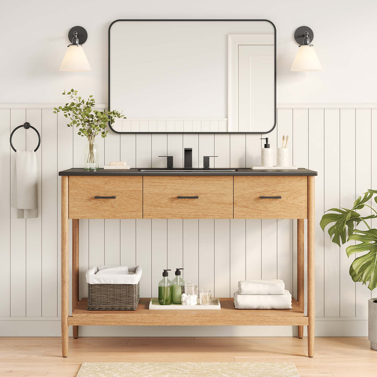 Zephyrine Single Sink Vanity Unit, Extra Large, Natural Wood & Black