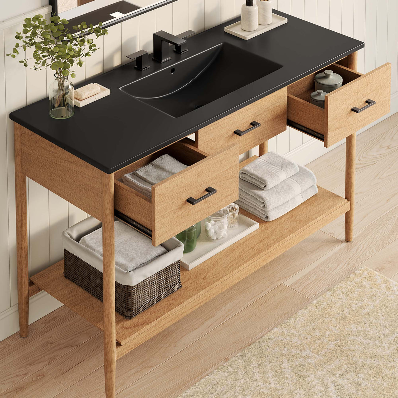 Zephyrine Single Sink Vanity Unit, Extra Large, Natural Wood & Black