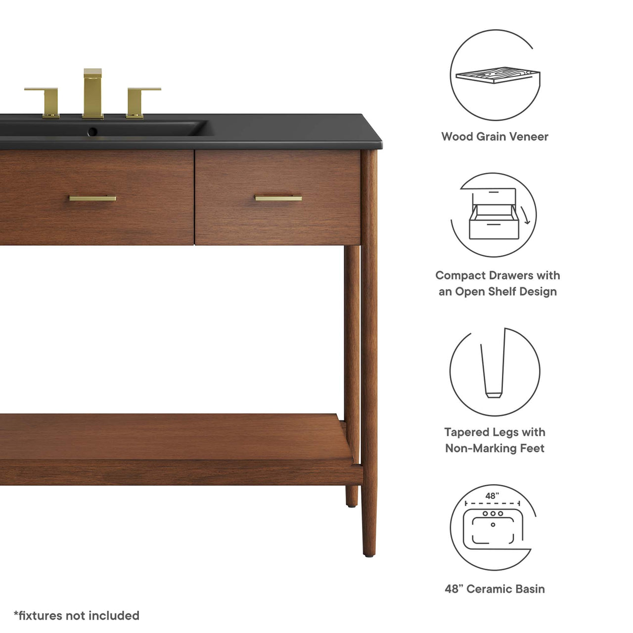 Zephyrine Single Sink Vanity Unit, Extra Large, Walnut & Black