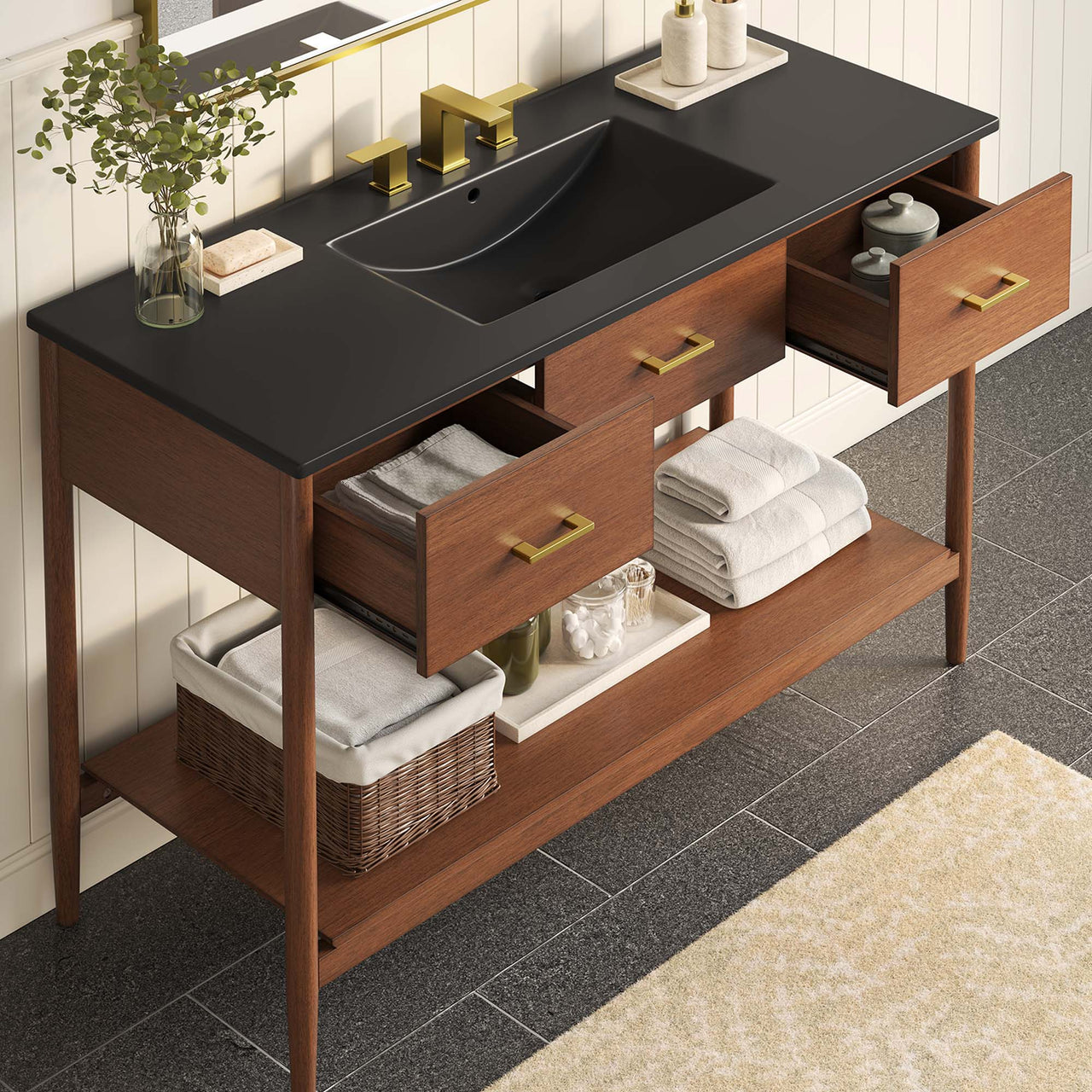 Zephyrine Single Sink Vanity Unit, Extra Large, Walnut & Black