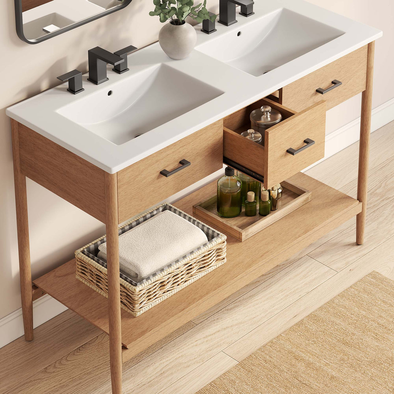 Zephyrine Double Sink Vanity Unit, Extra Large, Natural Wood & White