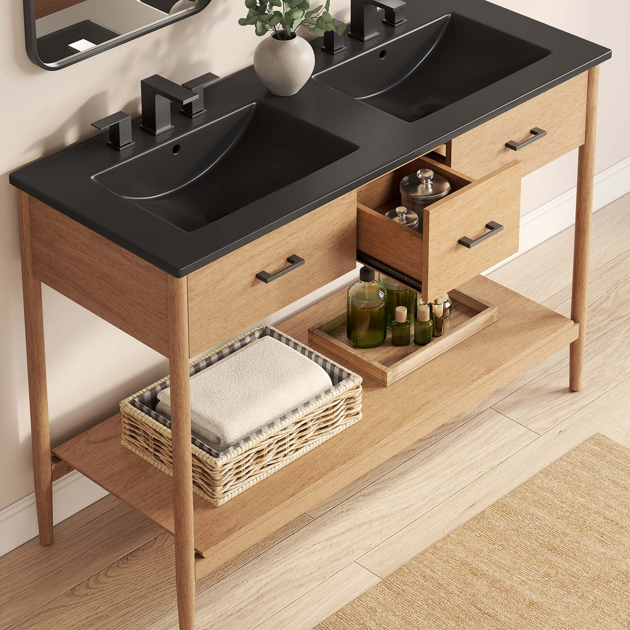 Zephyrine Double Sink Vanity Unit, Extra Large, Natural Wood & Black
