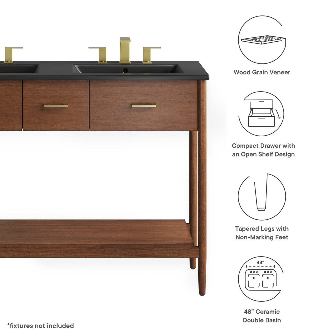 Zephyrine Double Sink Vanity Unit, Extra Large, Walnut & Black