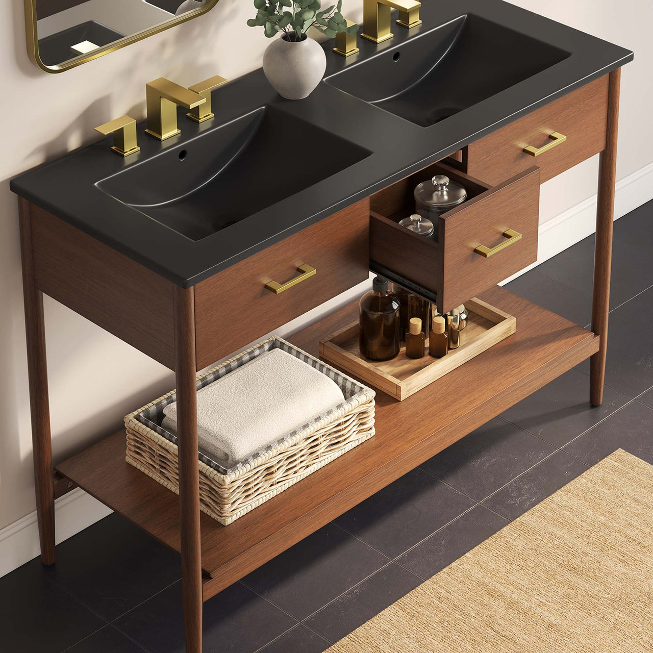 Zephyrine Double Sink Vanity Unit, Extra Large, Walnut & Black