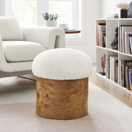 Breeze Boucle Upholstered Ottoman, Ivory & Natural Burl