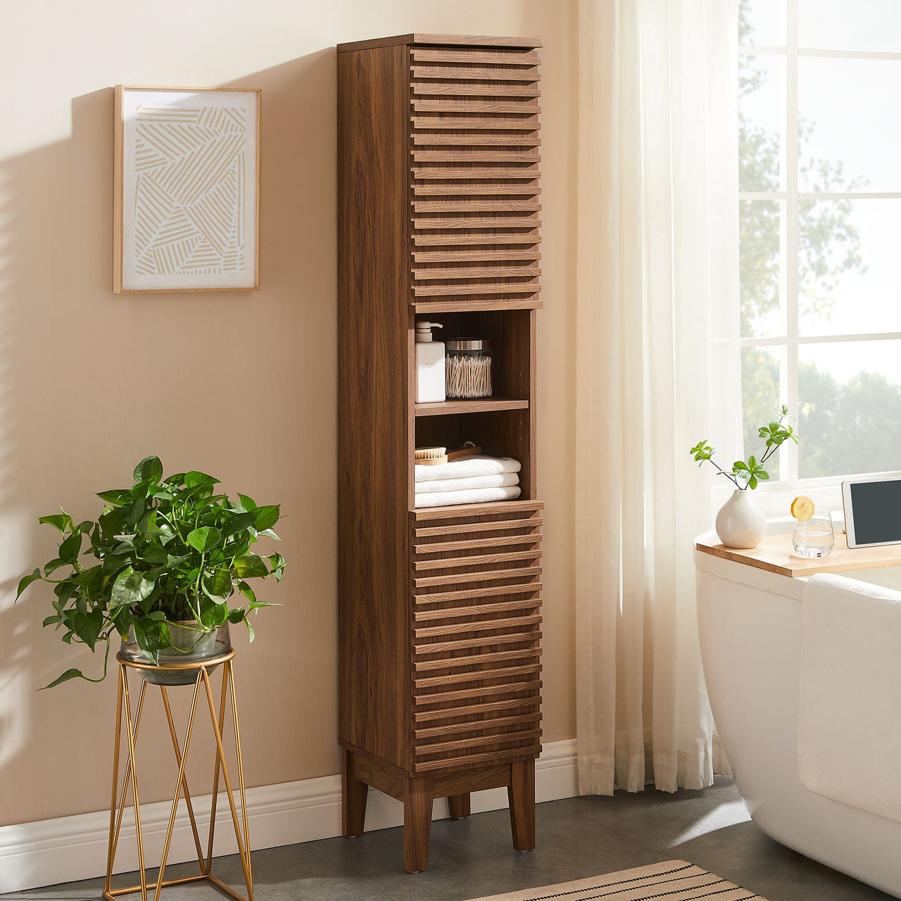 Ventra Tall Plinth Bathroom Cabinet, Walnut