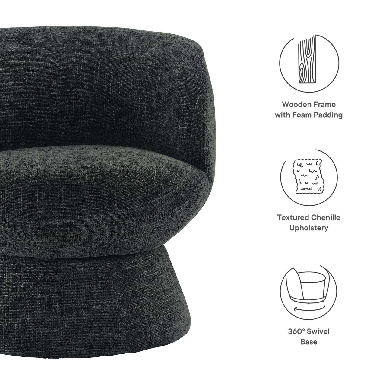 Mivorae Chenille Upholstered Fabric Swivel Chair, Charcoal