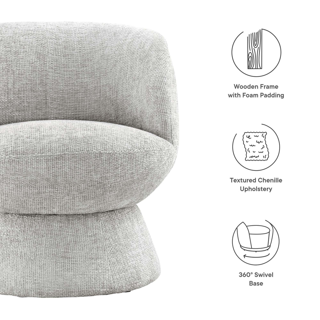 Mivorae Chenille Upholstered Fabric Swivel Chair, Light Gray
