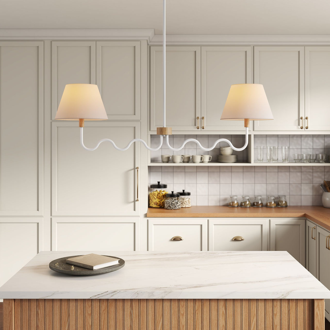 Rayleigh Pendant Light, Natural Wood & White