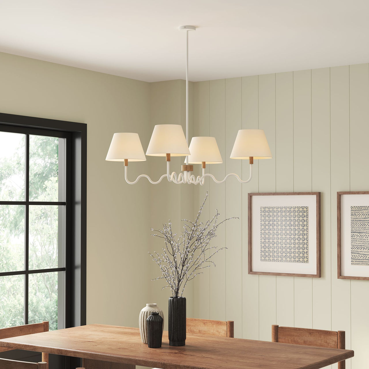 Rayleigh Chandelier, Natural Wood & White