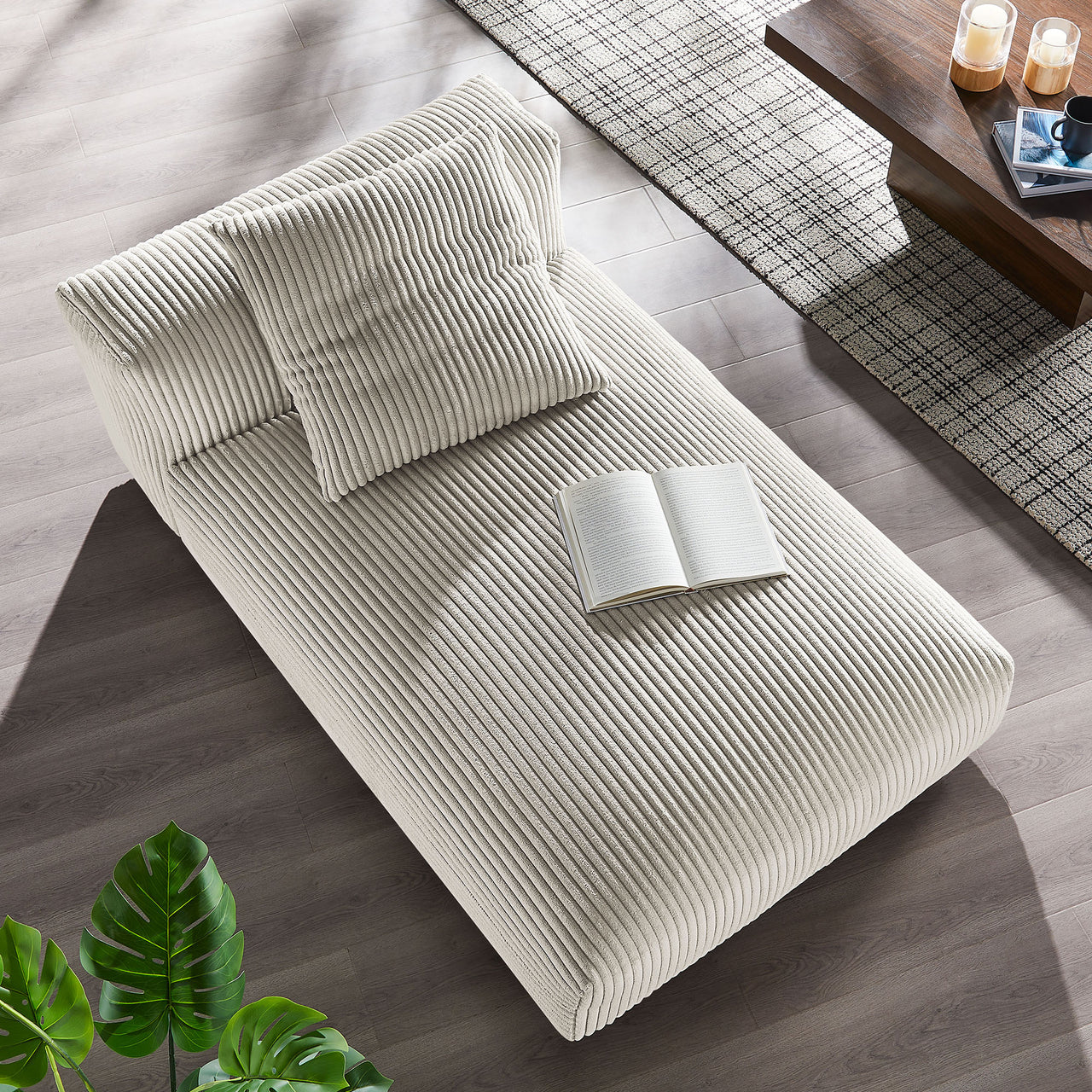 Leisure Corduroy Armless Chaise Lounge | Modular Sectional Component, Almond