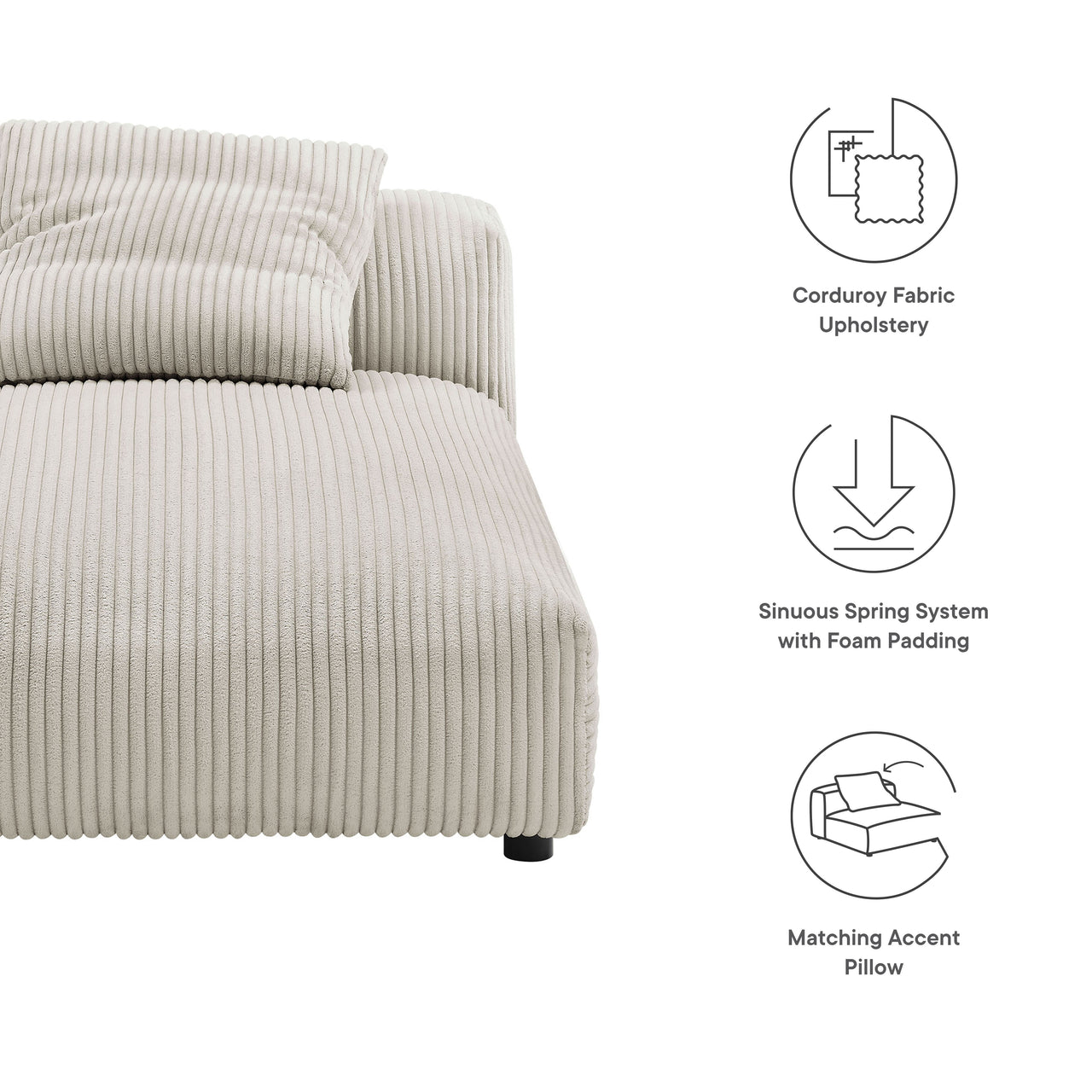 Leisure Corduroy Armless Chaise Lounge | Modular Sectional Component, Almond