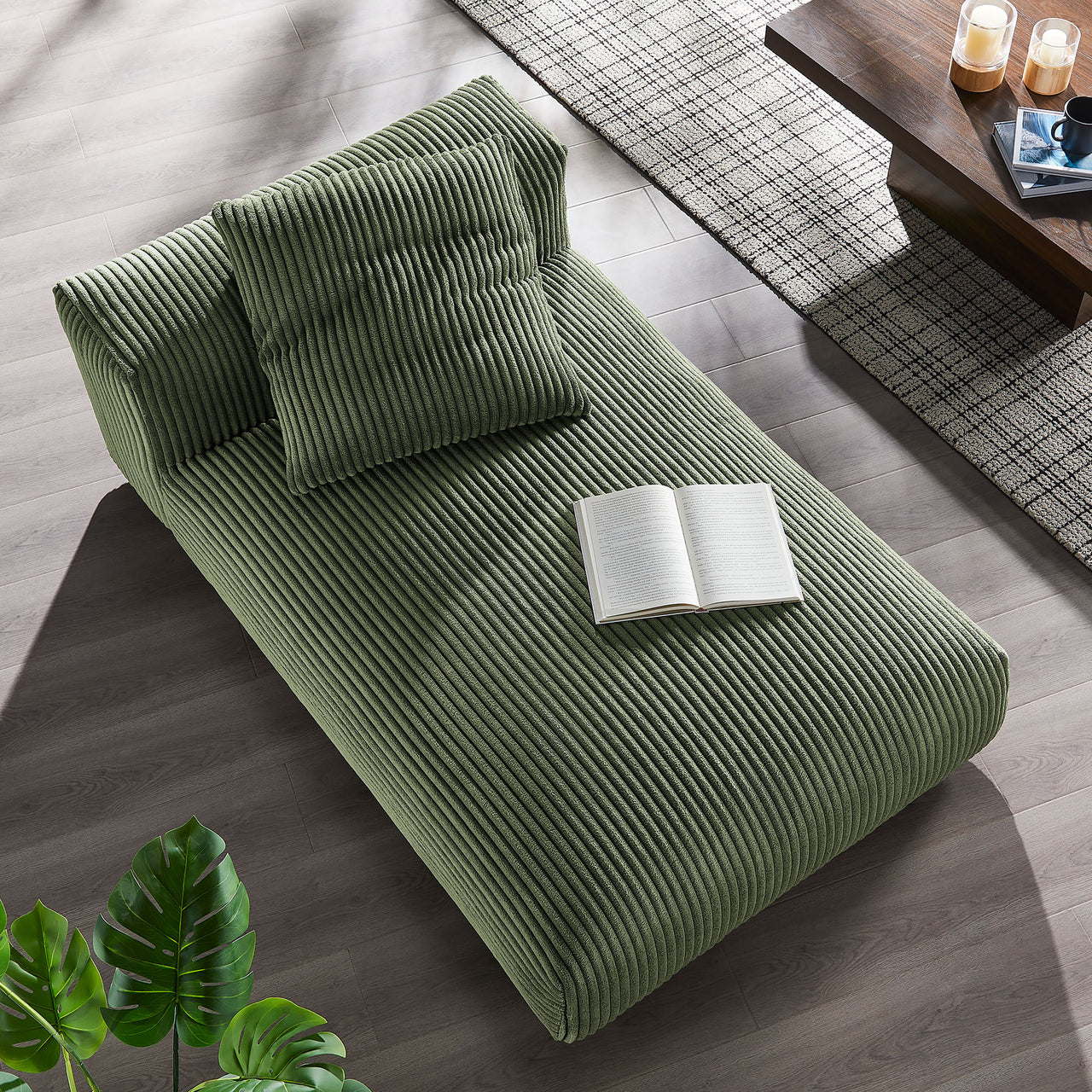 Leisure Corduroy Armless Chaise Lounge | Modular Sectional Component, Fern