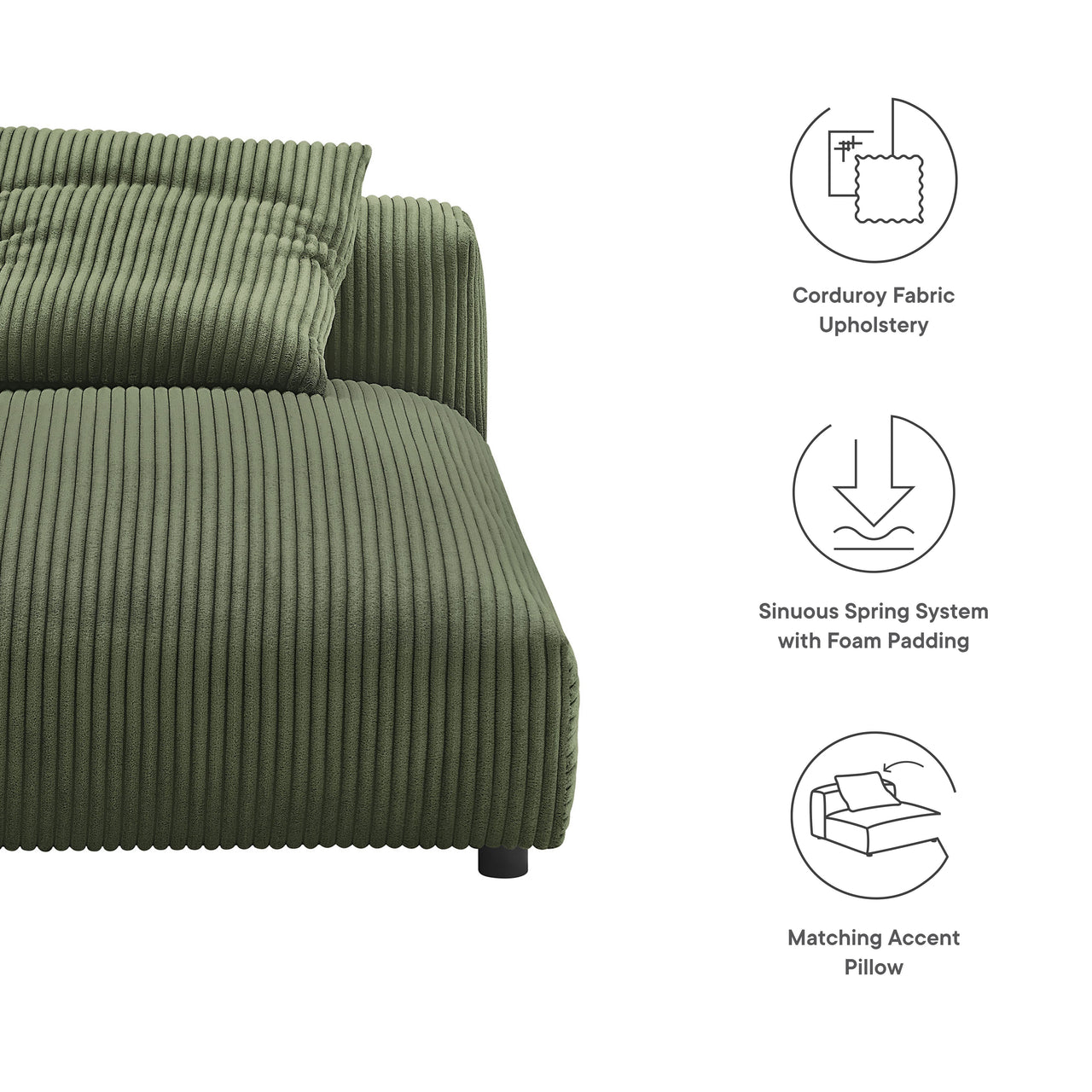 Leisure Corduroy Armless Chaise Lounge | Modular Sectional Component, Fern
