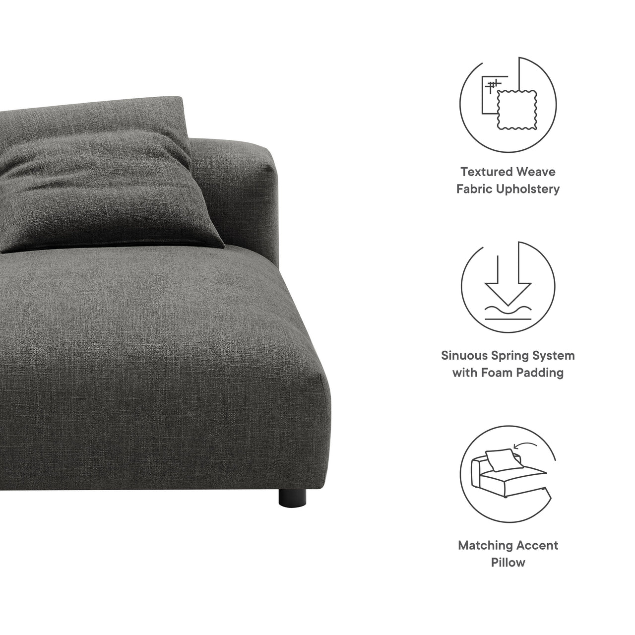 Leisure Fabric Armless Chaise Lounge | Modular Sectional Component, Charcoal