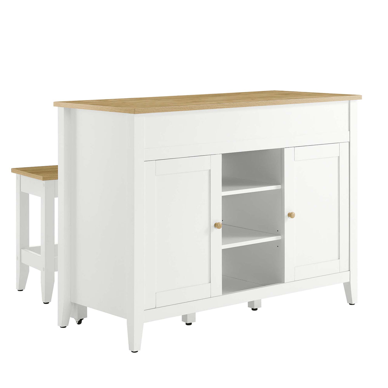Solevo Kitchen Island and Dual Stool Set, Natural Wood & White
