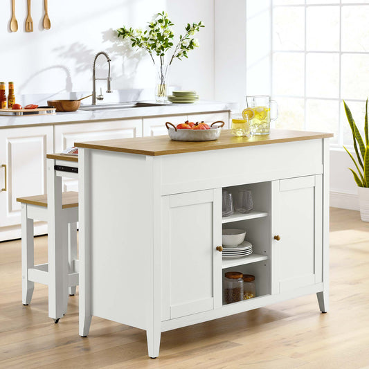 Solevo Kitchen Island and Dual Stool Set, Natural Wood & White
