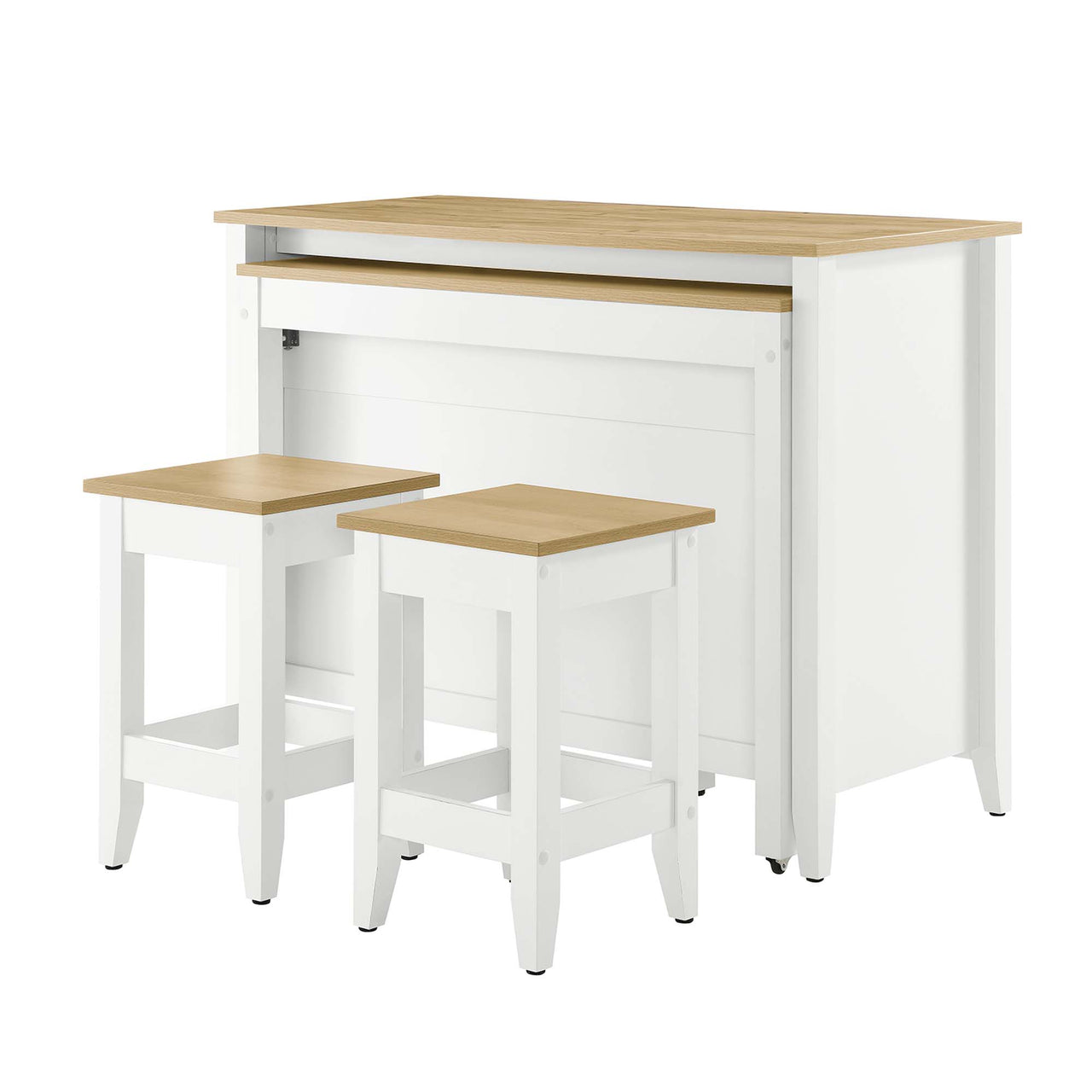 Solevo Kitchen Island and Dual Stool Set, Natural Wood & White