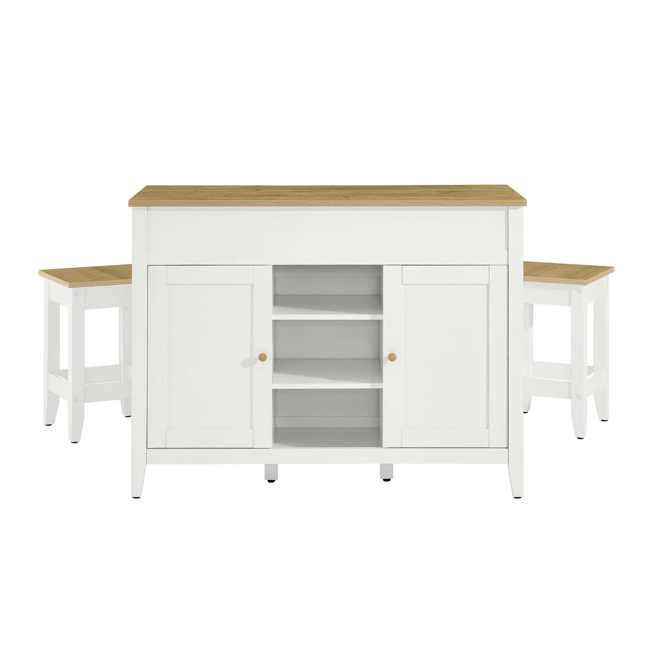 Solevo Kitchen Island and Dual Stool Set, Natural Wood & White