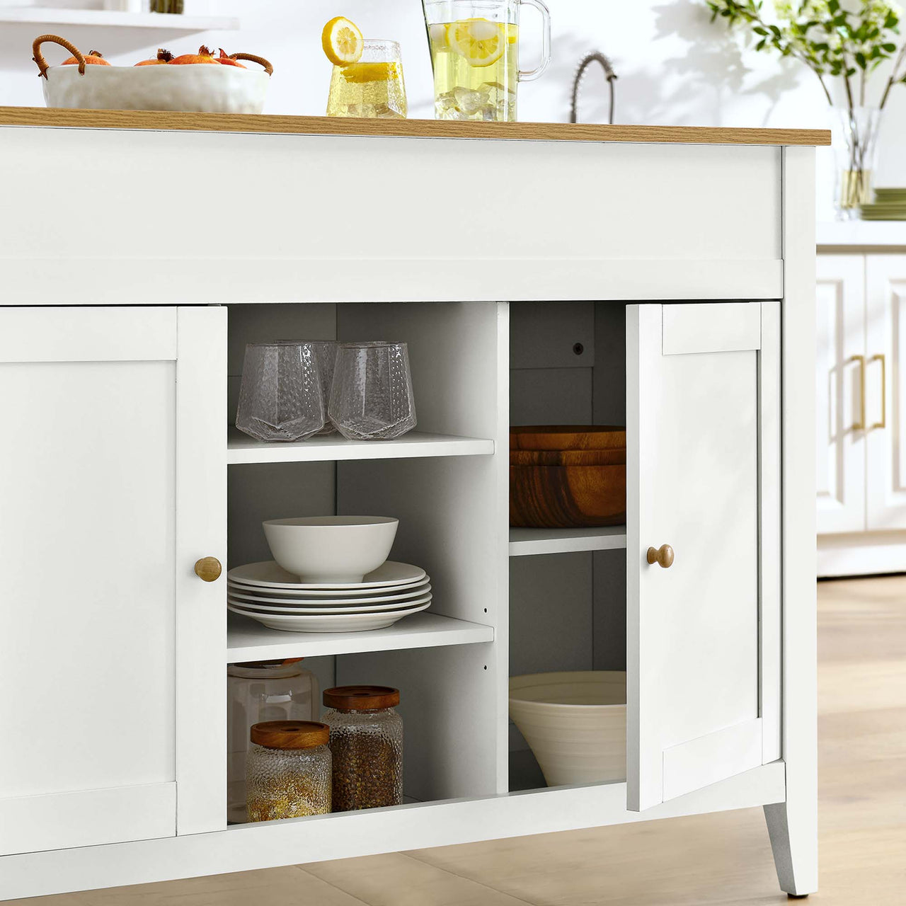 Solevo Kitchen Island and Dual Stool Set, Natural Wood & White