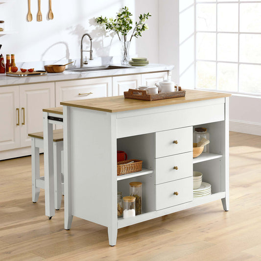 Sovari Kitchen Island and Dual Stool Set, Natural Wood & White