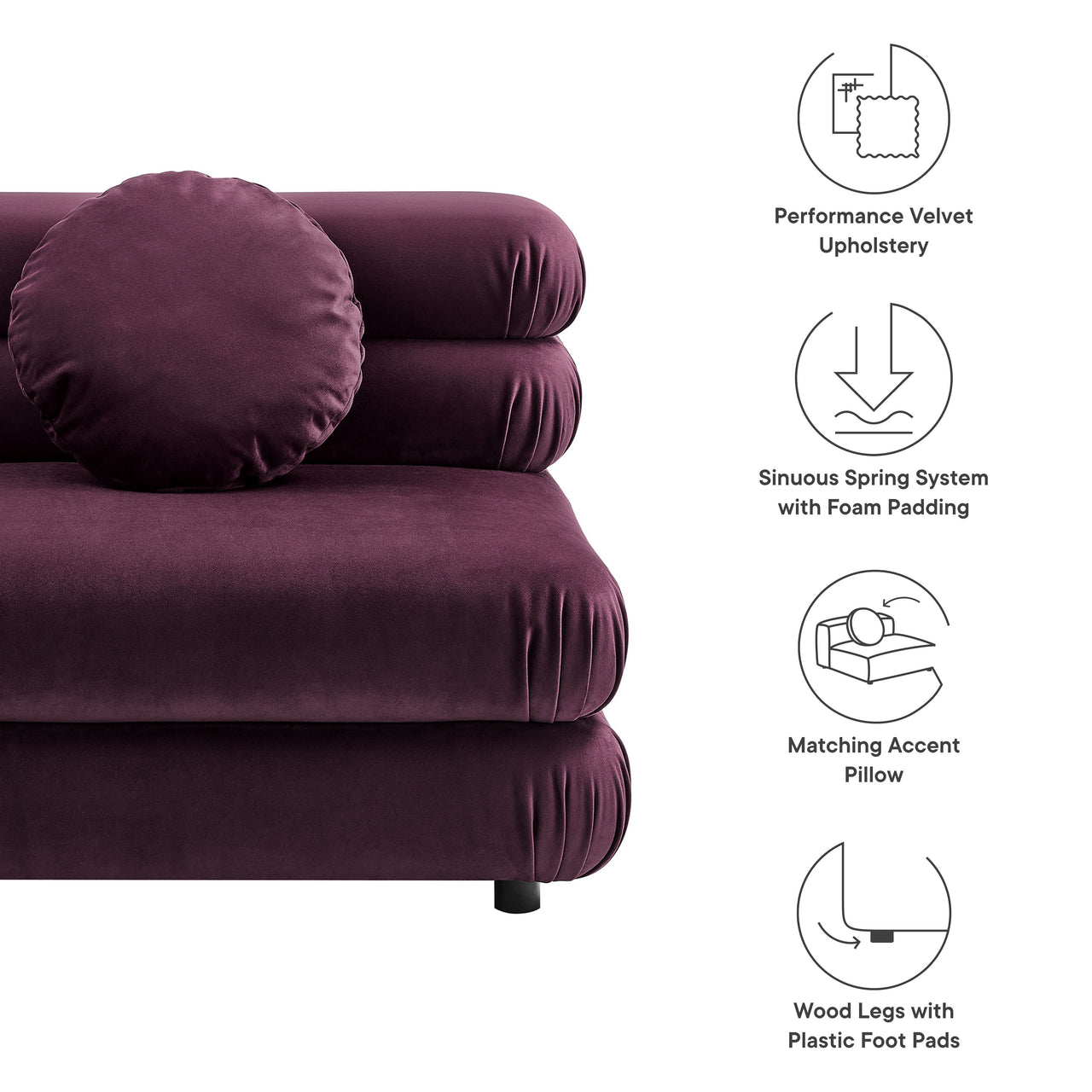 Strata Upholstered Velvet Armless Chair | Modular Sectional Component, Wine