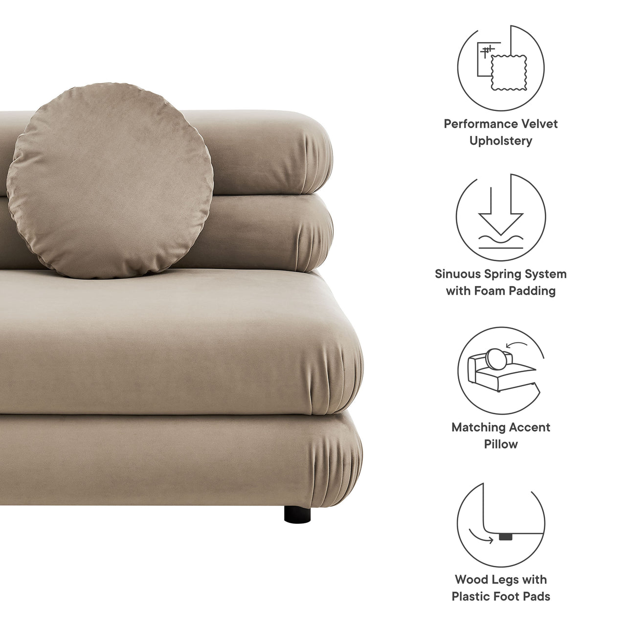 Strata Upholstered Velvet Armless Chair | Modular Sectional Component, Taupe