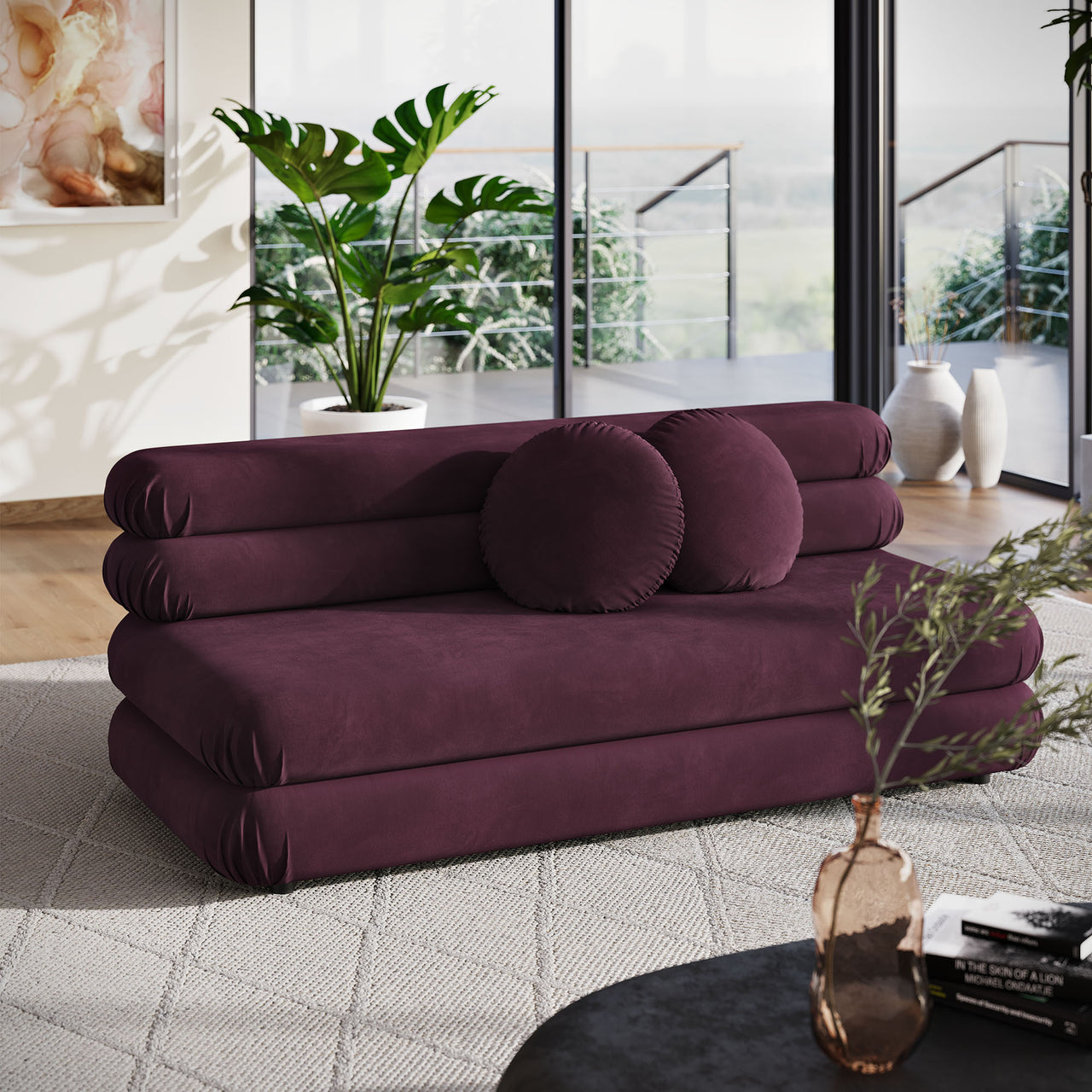 Strata Upholstered Velvet Armless Loveseat, Wine