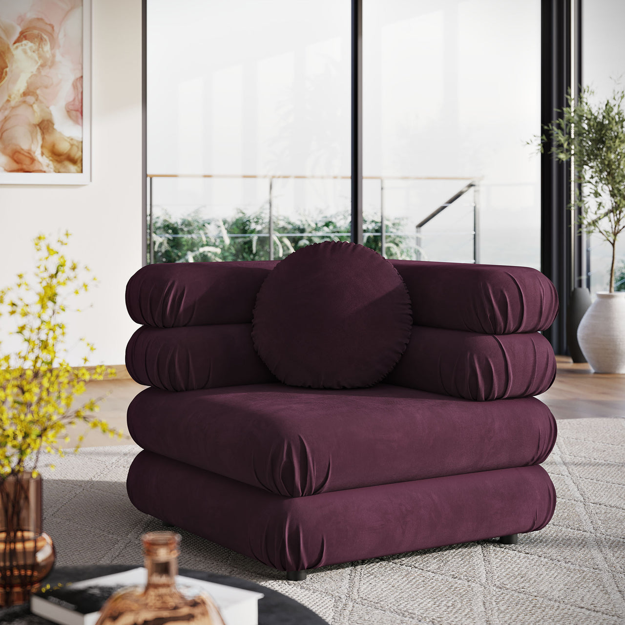 Strata Upholstered Velvet Corner Chair | Modular Sectional Component, Wine