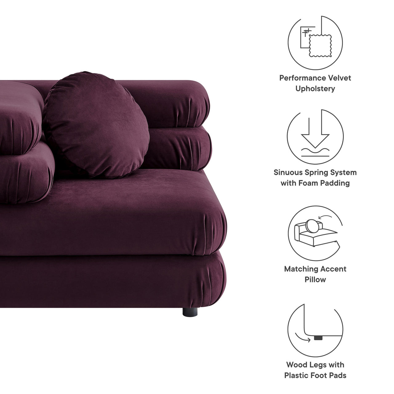Strata Upholstered Velvet Corner Chair | Modular Sectional Component, Wine