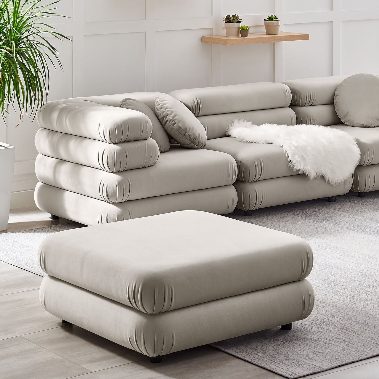 Strata Upholstered Velvet Ottoman | Modular Sectional Component, Almond