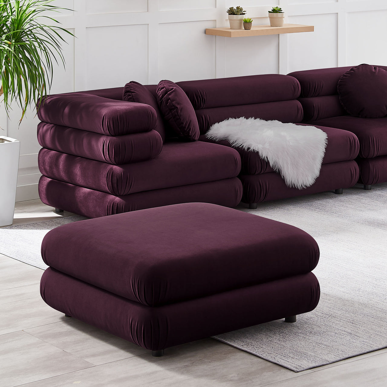 Strata Upholstered Velvet Ottoman | Modular Sectional Component, Wine