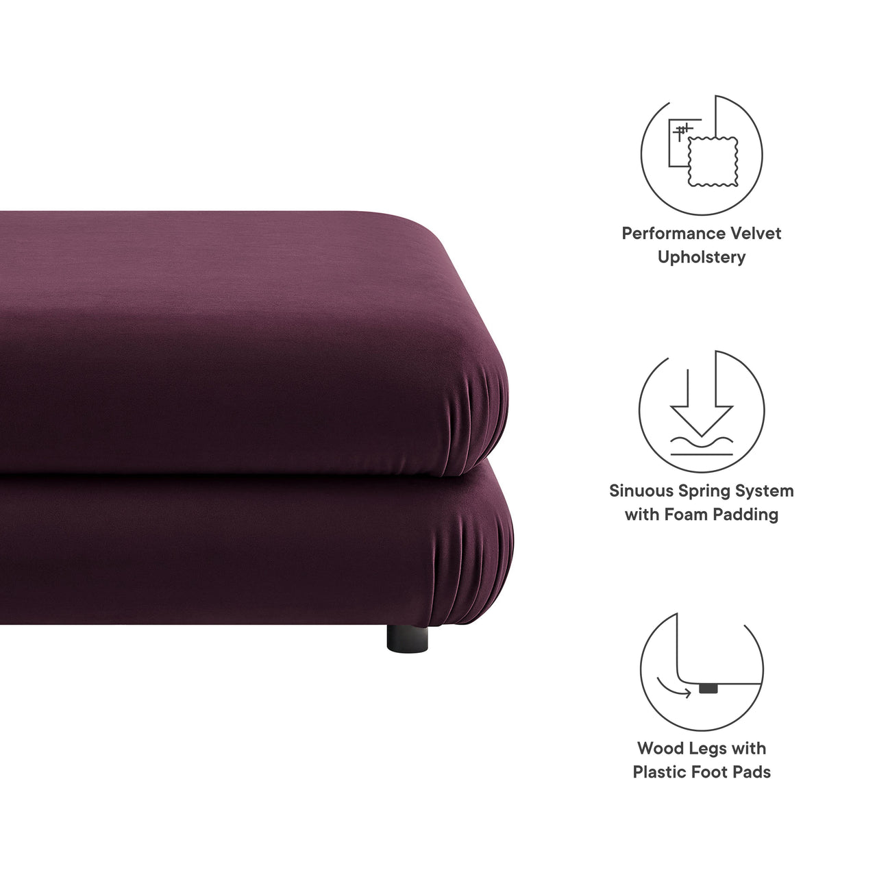 Strata Upholstered Velvet Ottoman | Modular Sectional Component, Wine