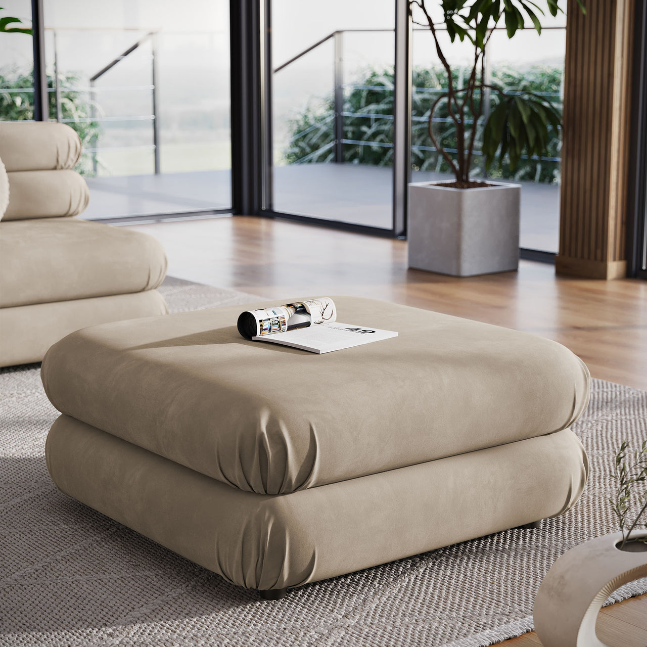 Strata Upholstered Velvet Ottoman | Modular Sectional Component, Taupe