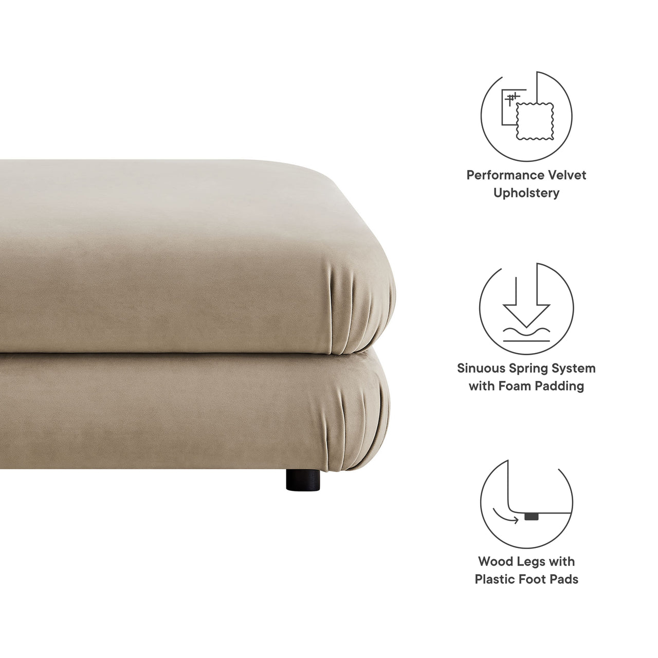 Strata Upholstered Velvet Ottoman | Modular Sectional Component, Taupe