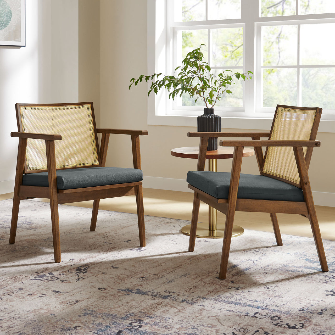 Demeter Eco-Leather Accent Chair Set of 2, Walnut & Black