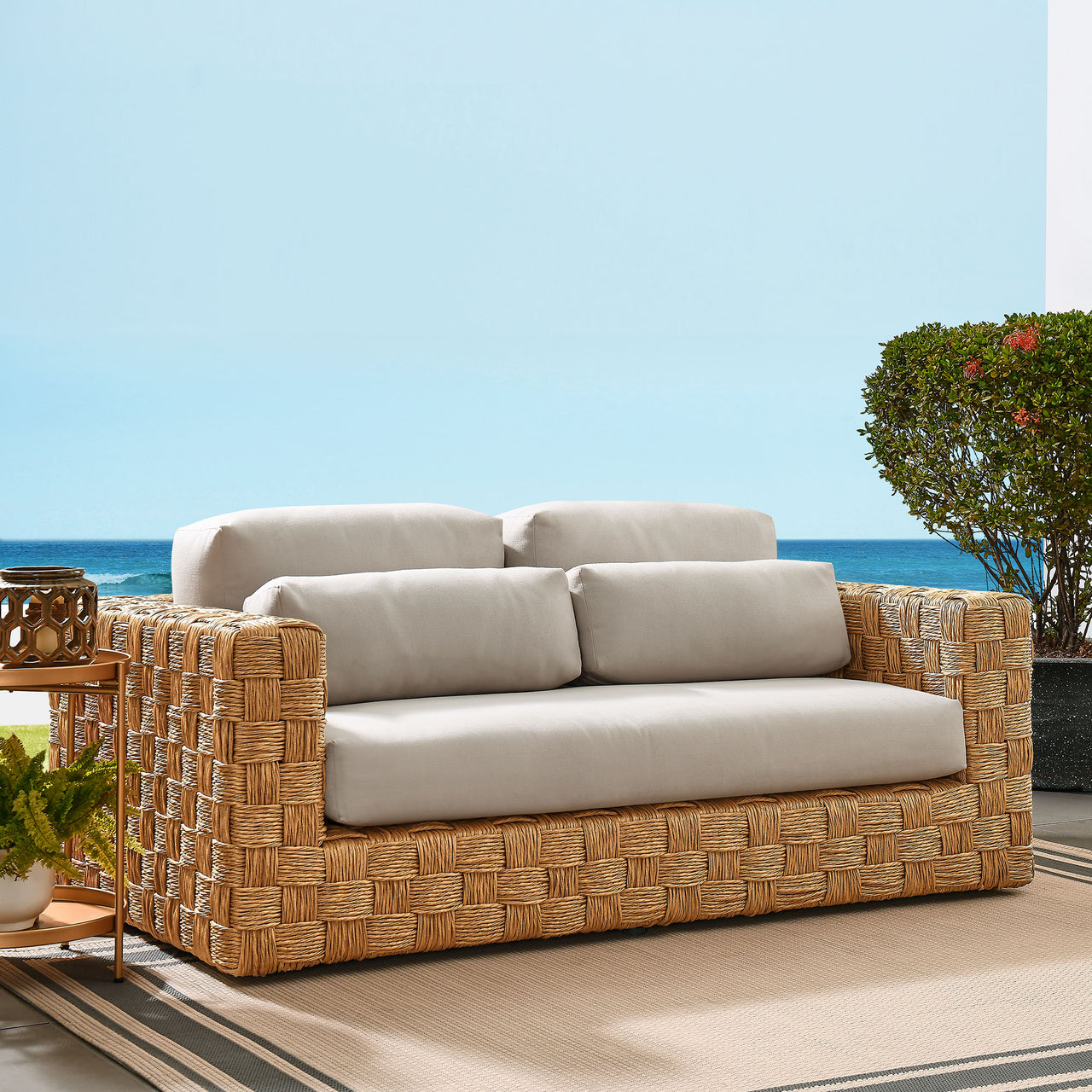 Theseus Alfresco Loveseat, Natural Wood & Light Gray