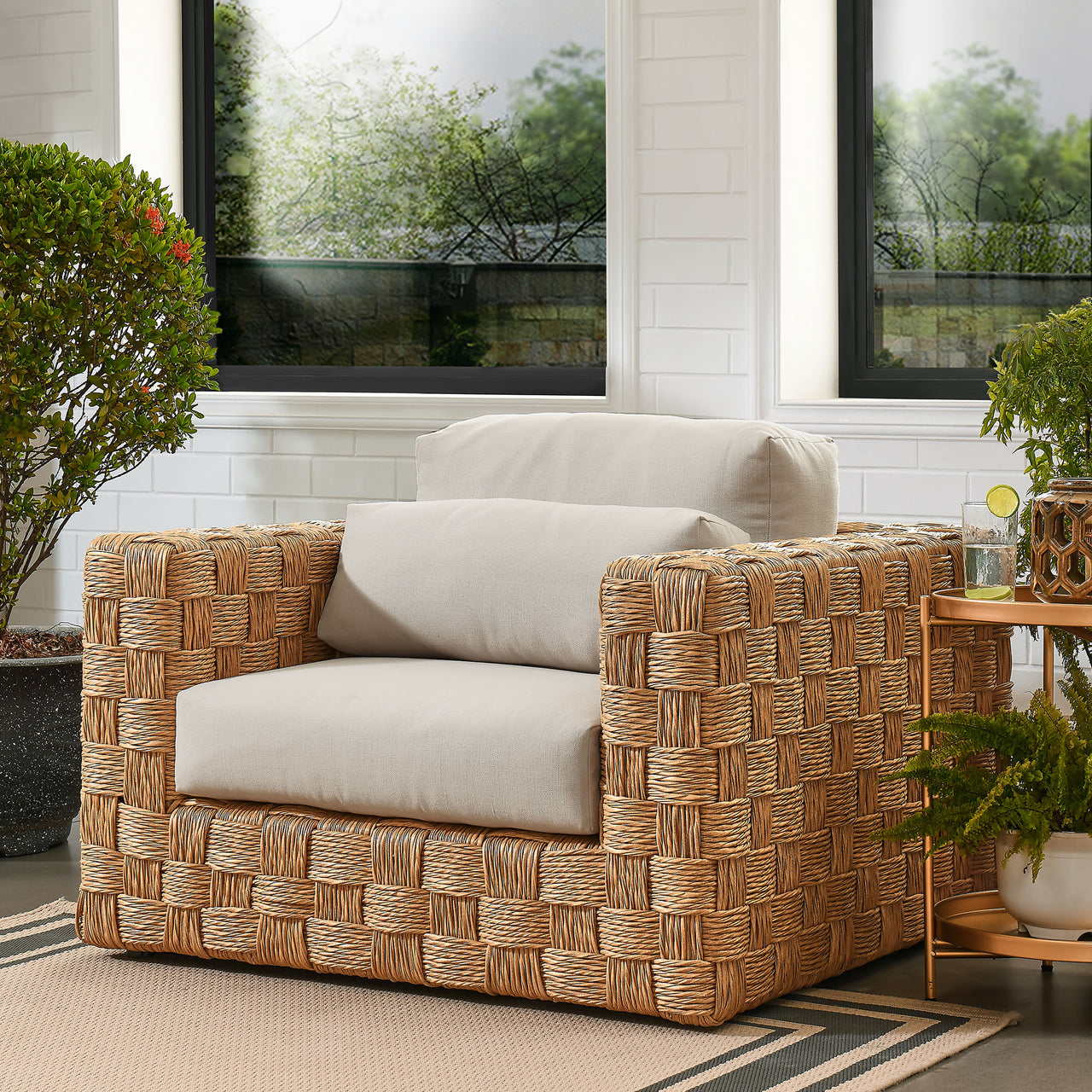Theseus Alfresco Armchair, Natural Wood & Light Gray