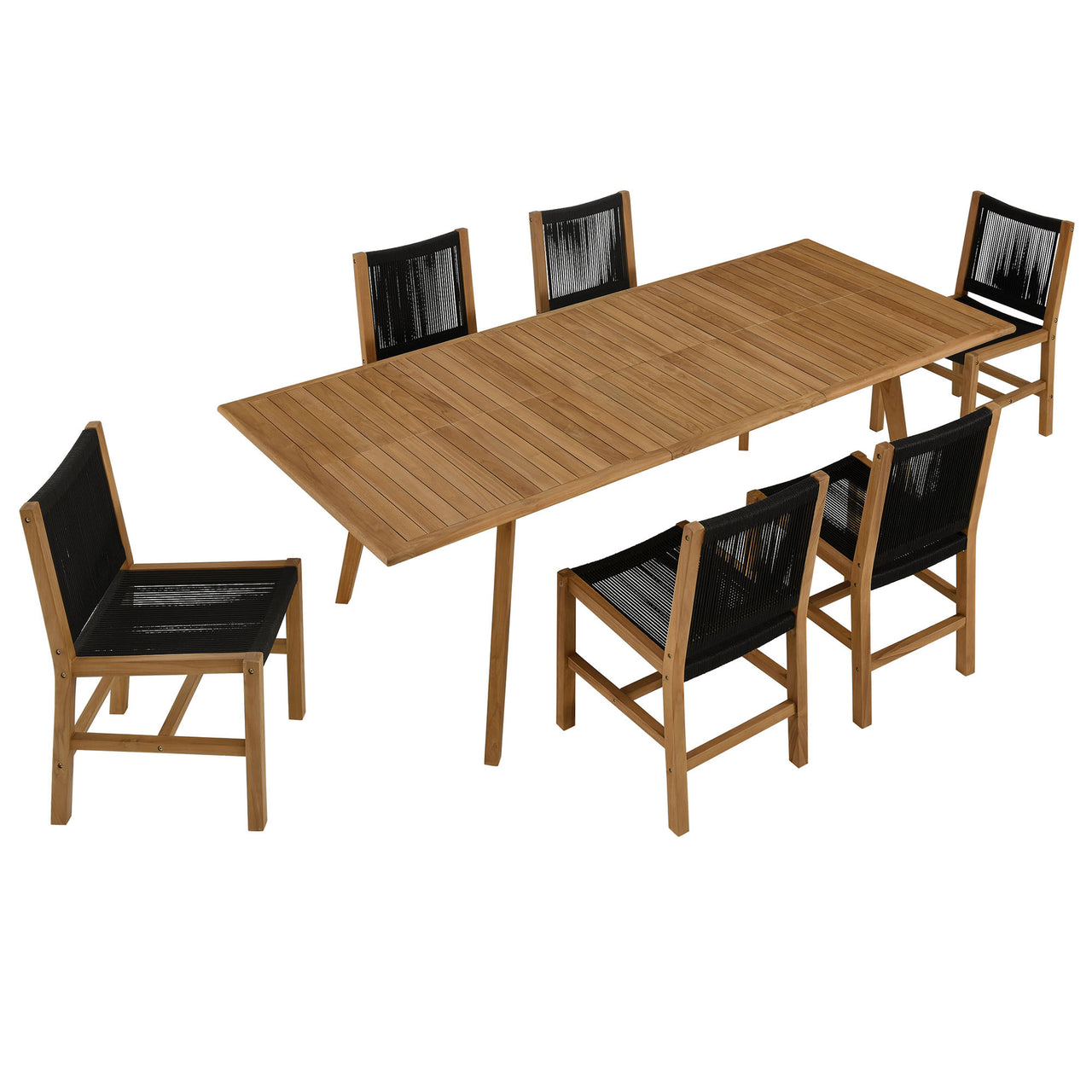 Alvierra 7-Piece Alfresco Teak and Rope Dining Set with Armless Chairs, Natural Wood & Black