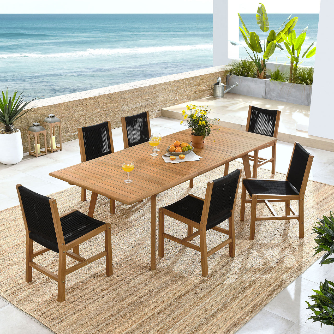 Alvierra 7-Piece Alfresco Teak and Rope Dining Set with Armless Chairs, Natural Wood & Black