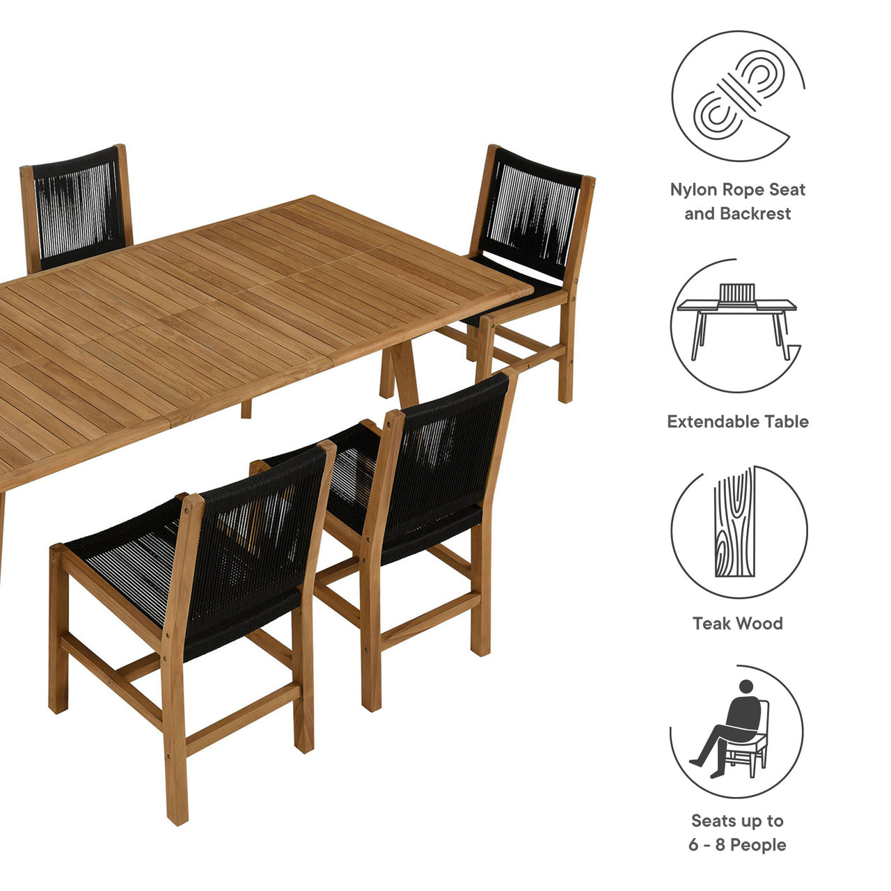 Alvierra 7-Piece Alfresco Teak and Rope Dining Set with Armless Chairs, Natural Wood & Black