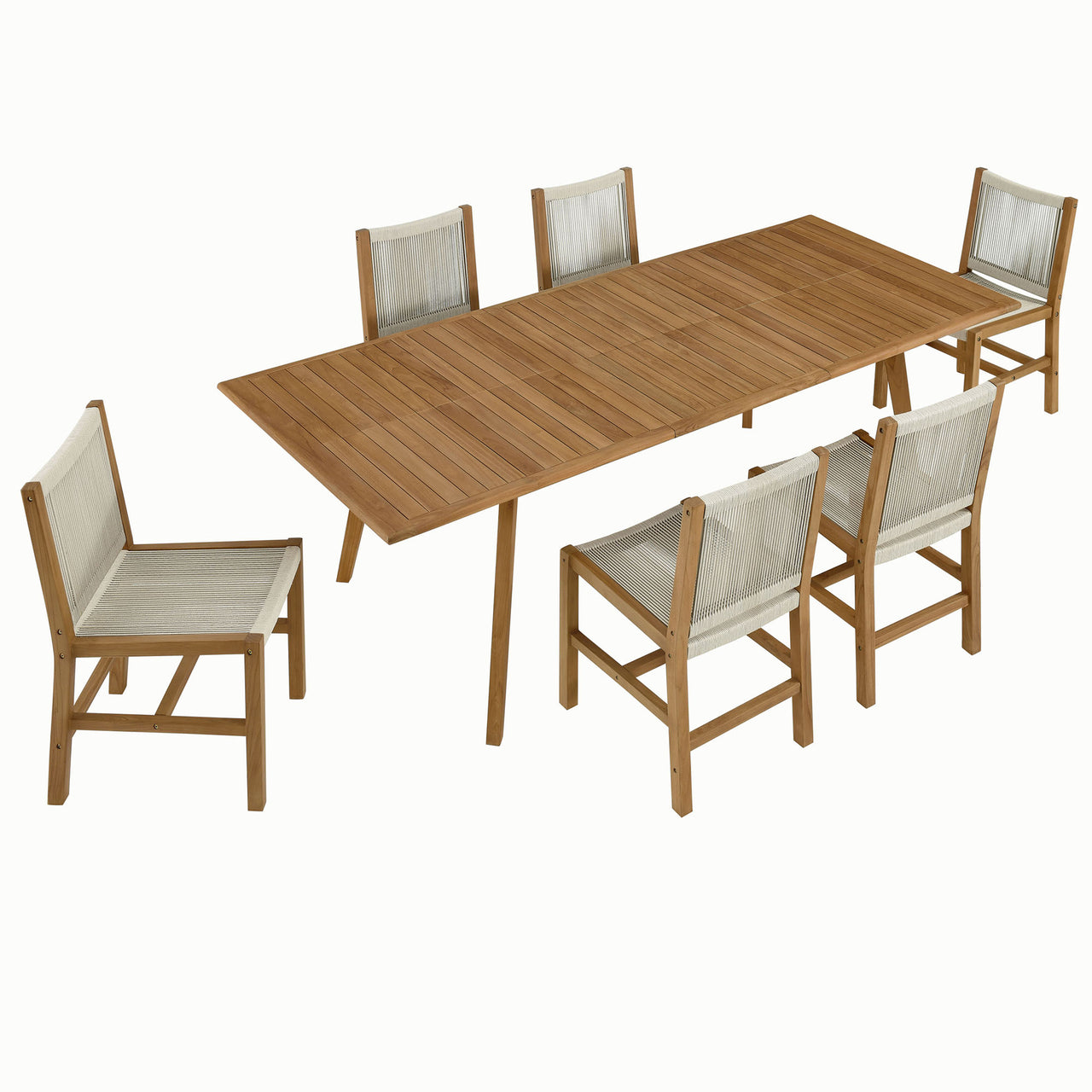 Alvierra 7-Piece Alfresco Teak and Rope Dining Set with Armless Chairs, Natural Wood