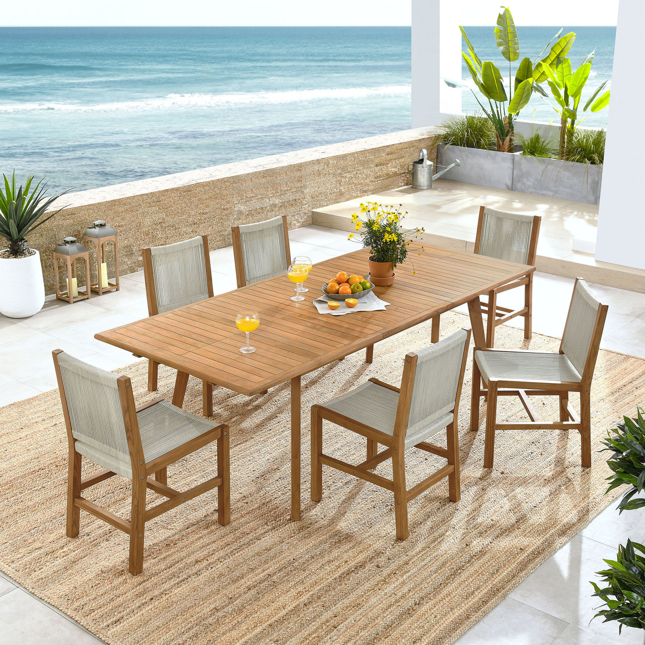 Alvierra 7-Piece Alfresco Teak and Rope Dining Set with Armless Chairs, Natural Wood