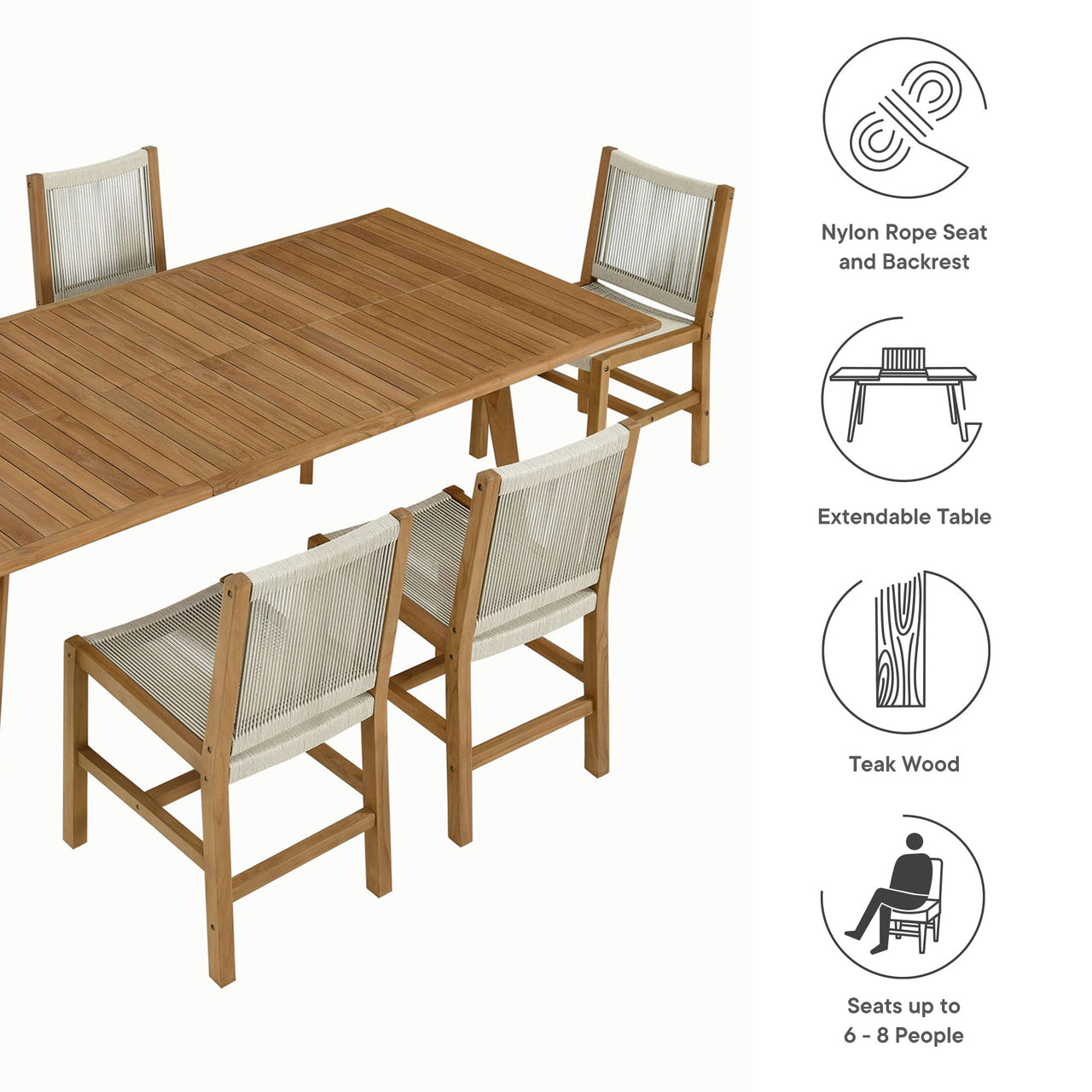 Alvierra 7-Piece Alfresco Teak and Rope Dining Set with Armless Chairs, Natural Wood