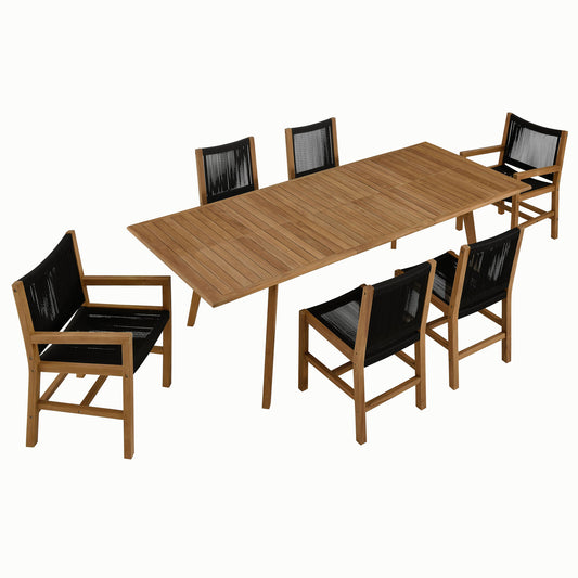 Alvierra 7-Piece Alfresco Teak and Rope Dining Set, Natural Wood & Black