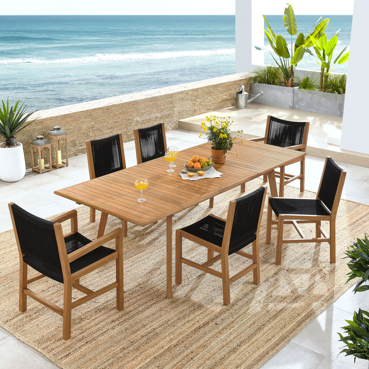 Alvierra 7-Piece Alfresco Teak and Rope Dining Set, Natural Wood & Black