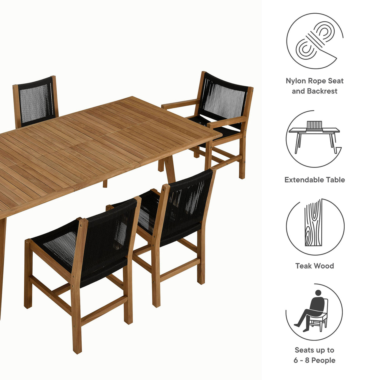 Alvierra 7-Piece Alfresco Teak and Rope Dining Set, Natural Wood & Black