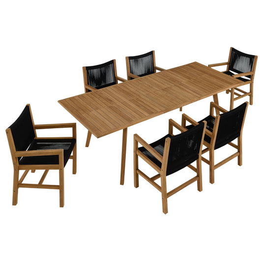 Alvierra 7-Piece Alfresco Teak and Rope Dining Set with Armchairs, Natural Wood & Black